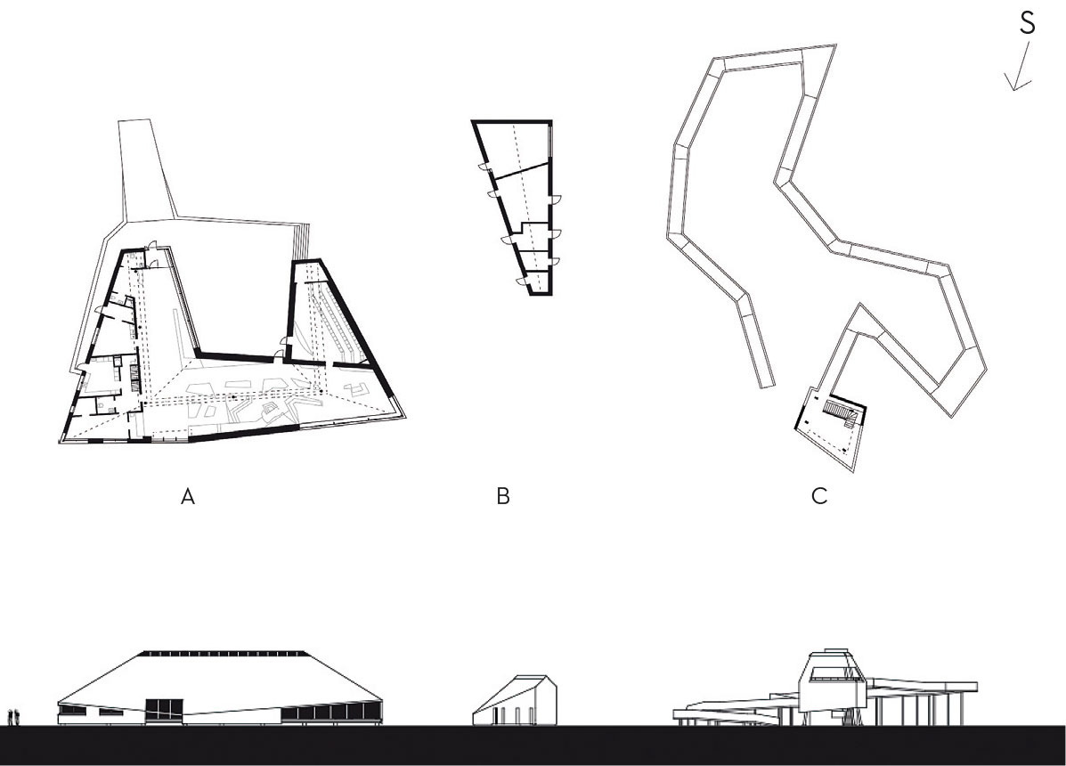Pôdorysy a pohľady: A. hlavná budova návštevníckeho centra s nástupným plató, B. servisná budova, C. pozorovacia veža s exteriérovou lávkou
