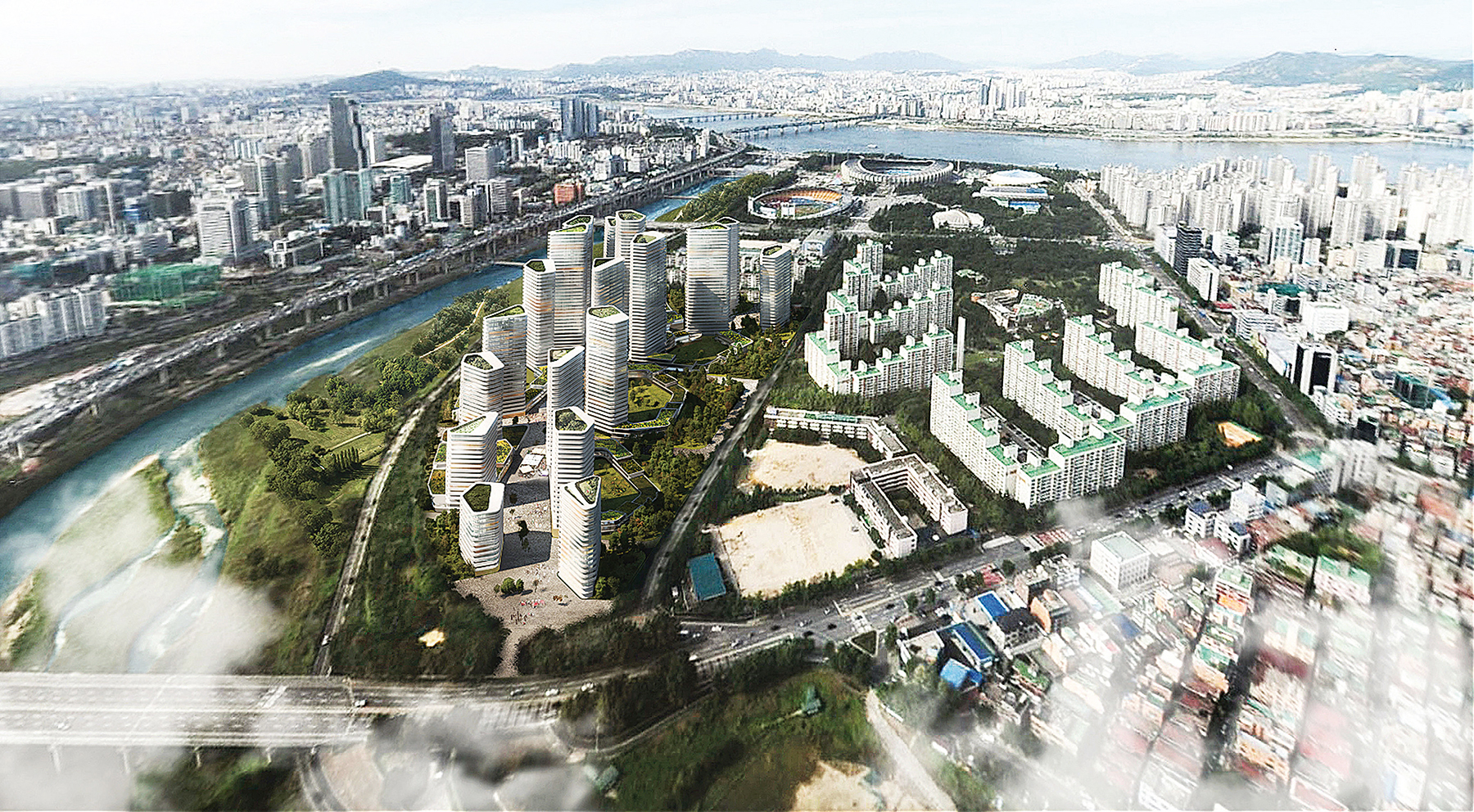 Celkový pohľad na rezidenčný komplex Woosung v kontexte miesta