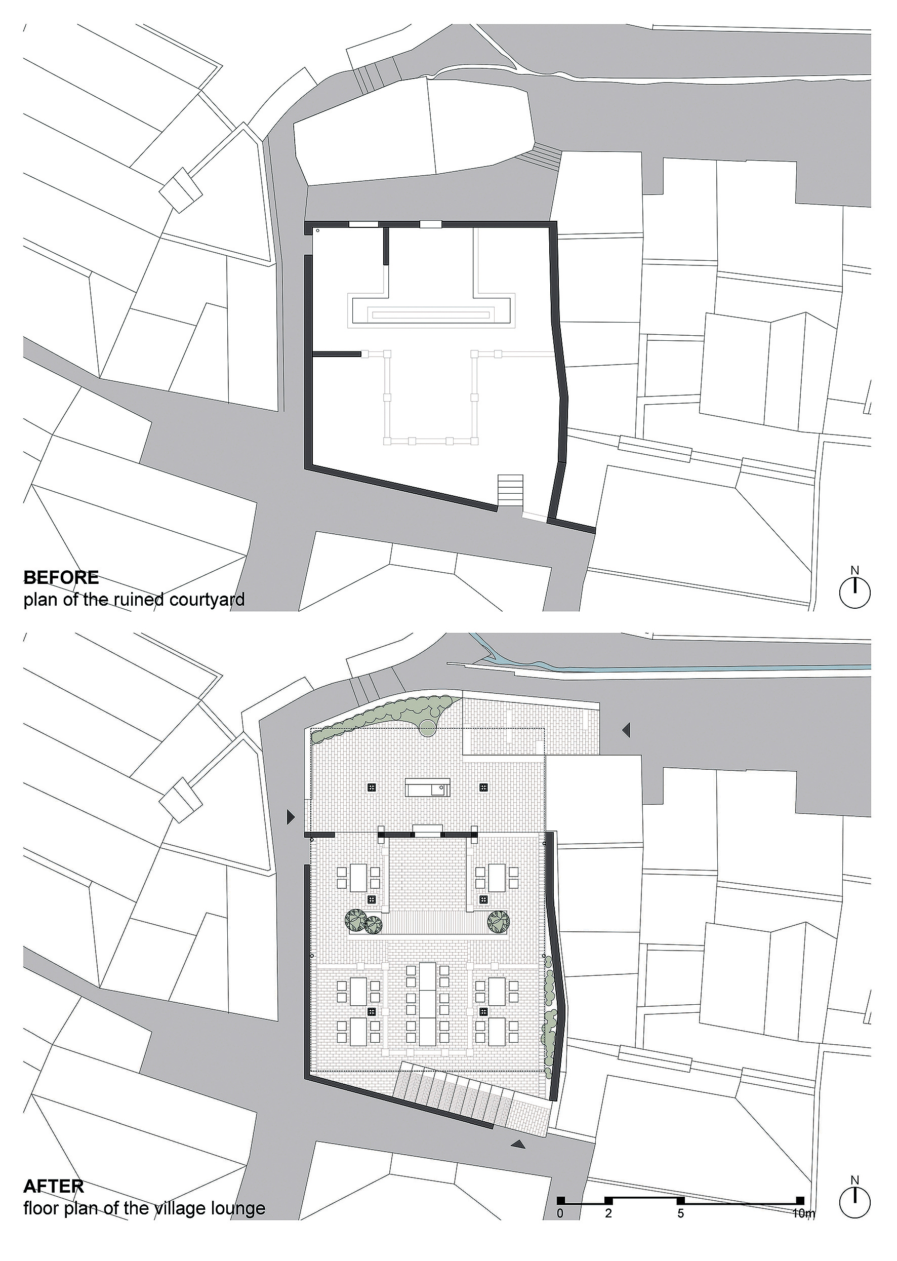 Pôdorys pred a po rekonštrukcii. Vstupný portál pôvodného príbytku je symbolom domova rodiny pána Gao, ktorá toto miesto vytvorila. Portál aj po rekonštrukcii a konverzii pôvodného domu naďalej víta všetkých návštevníkov a stále slúži ako hlavná kompozičná os, ktorá určuje priestorové vzťahy tohto miesta.