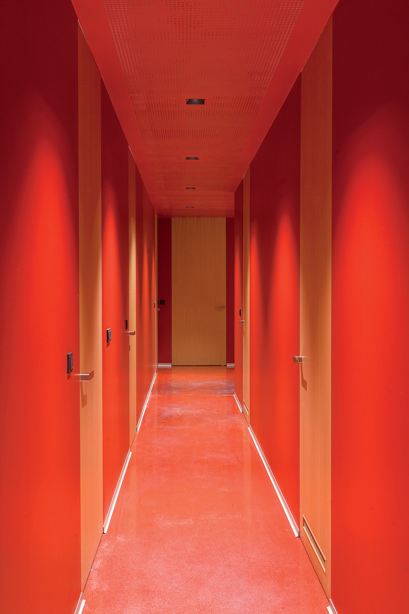 Drevené prvky harmonizujú s pestrou farebnosťou stien v kancelárskej časti budovy.