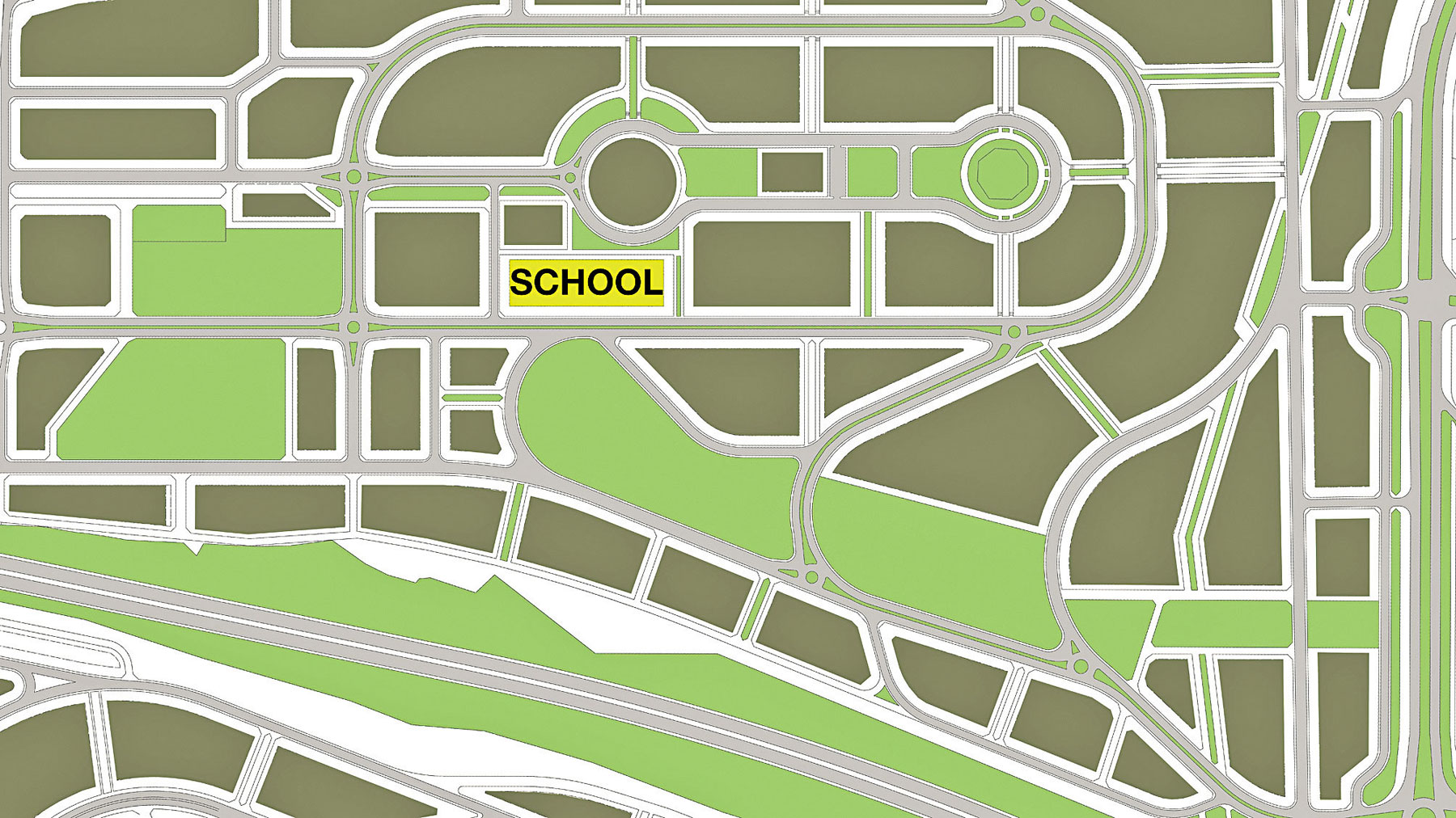 Situácia. Na tomto urbanistickom návrhu je pozemok školy, pod ktorým sa tiahne dlhý zelený pás lesoparku.