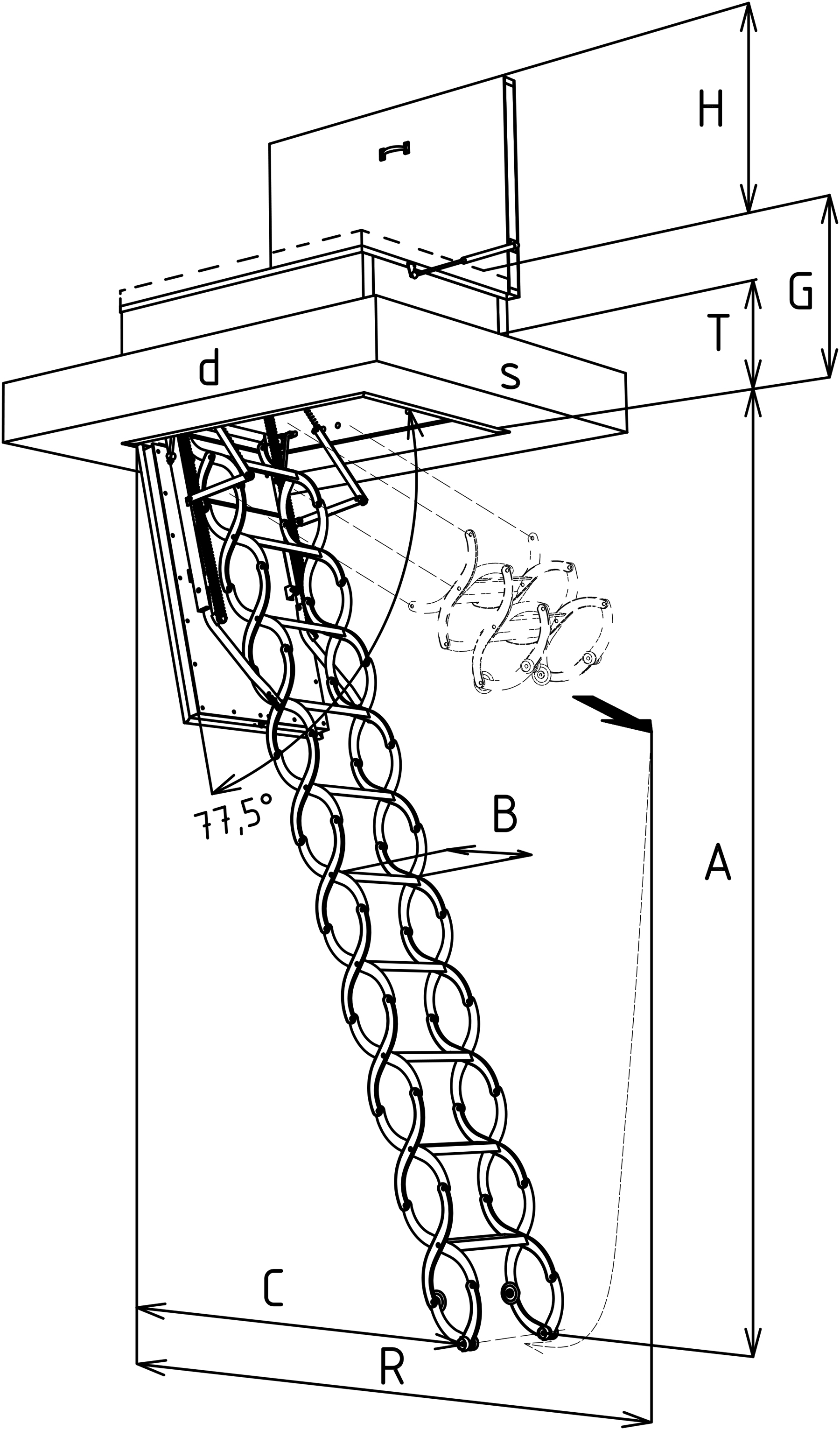 Technický výkres sťahovacích schodov KOMBO