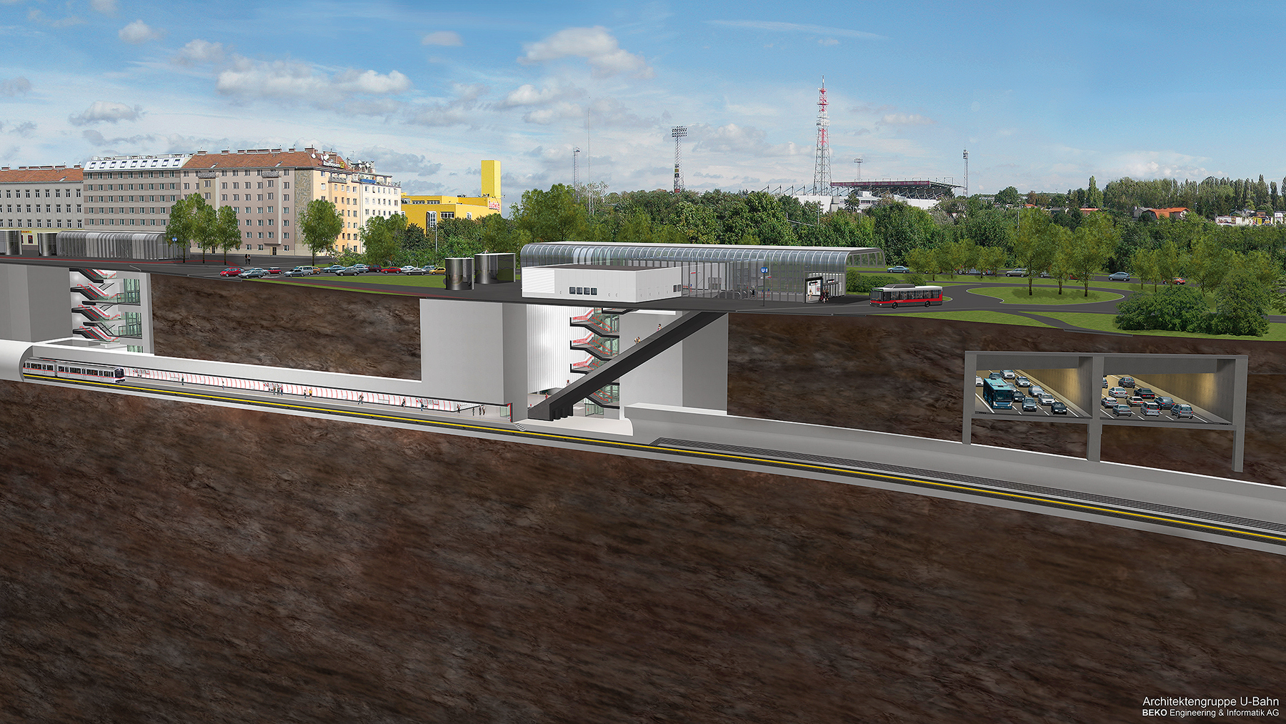 Rezopohľad priestorového riešenia stanice Altes Landgut pod frekventovaným kruhovým objazdom a diaľničným tunelom