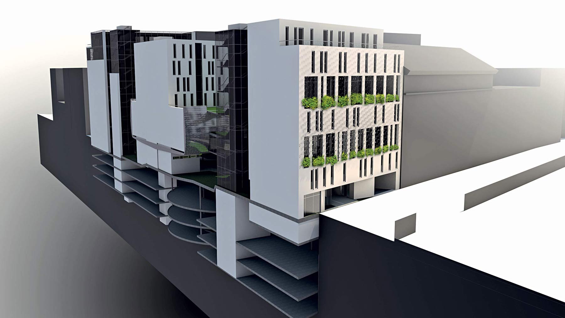 Rozloženie jednotlivých blokov v prieluke s detailom fasády študentského centra z Banskobystrickej ulice