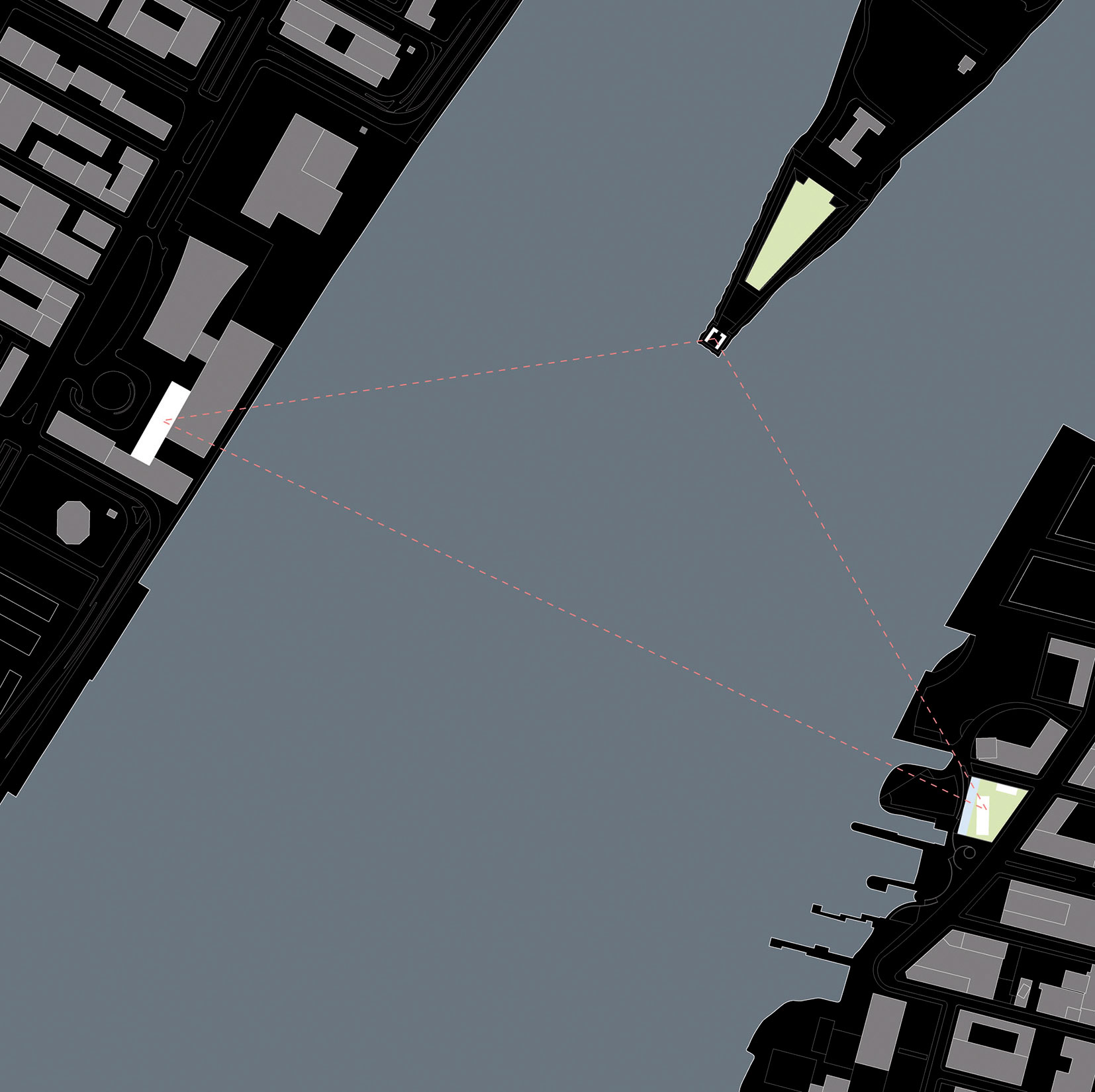 Schéma situácie knižnice v Queense (pravý bod trojuholníka) na pobreží East River. V strede je pamätník venovaný Franklinovi D. Rooseveltovi od Louisa Kahna, ktorý sa nachádza na Roosevelt Island medzi Manhattanom a Queensom, vľavo je budova OSN od Le Corbusiera a Oscara Niemeyera na Manhattane. Steven Holl chcel prepojiť históriu s knižnicou ako „pamäťou ľudstva“.