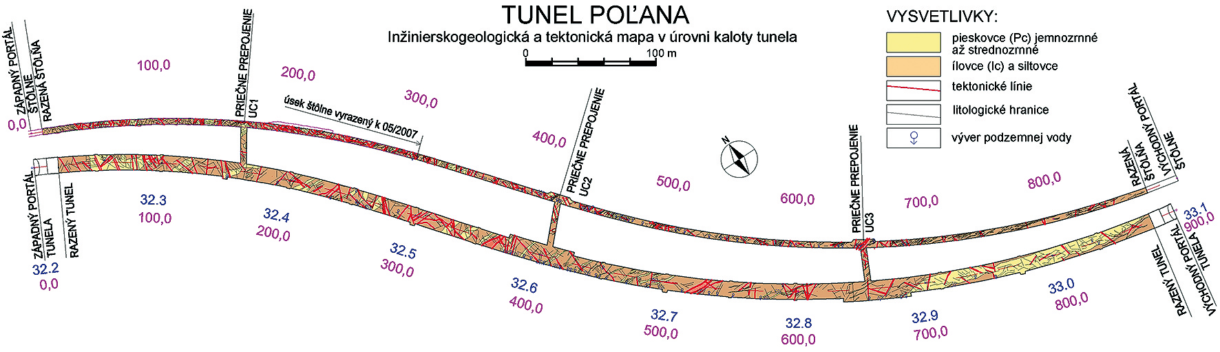 Obr. 1 Inžinierskogeologická a tektonická mapa v úrovni kaloty tunela Poľana (Szabó, Moravanský in Plšková et al., 2016)