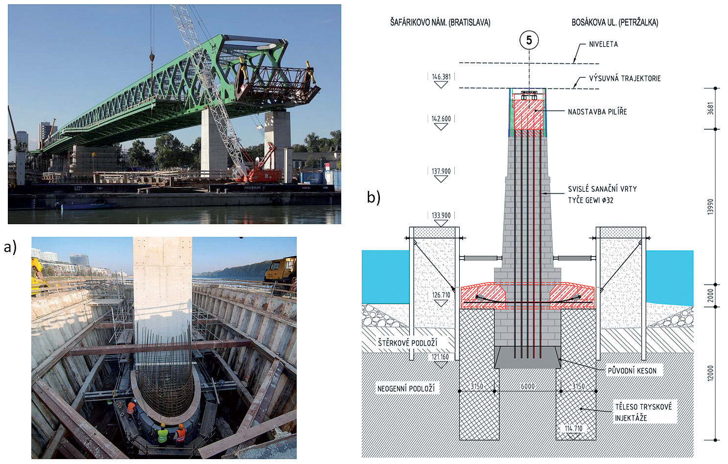 Obr. 2 Založenie podpier 34 a 5 vo vodnom toku  a) výstavba piliera 34  b) rekonštrukcia podpery 5