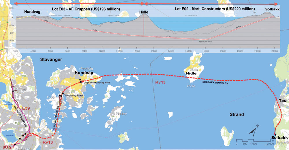 Obr. 1 Projekt Ryfast – pozdĺžny profil a mapa plánovaného podzemného prepojenia (Zdroj: www.tuneltalk.com)