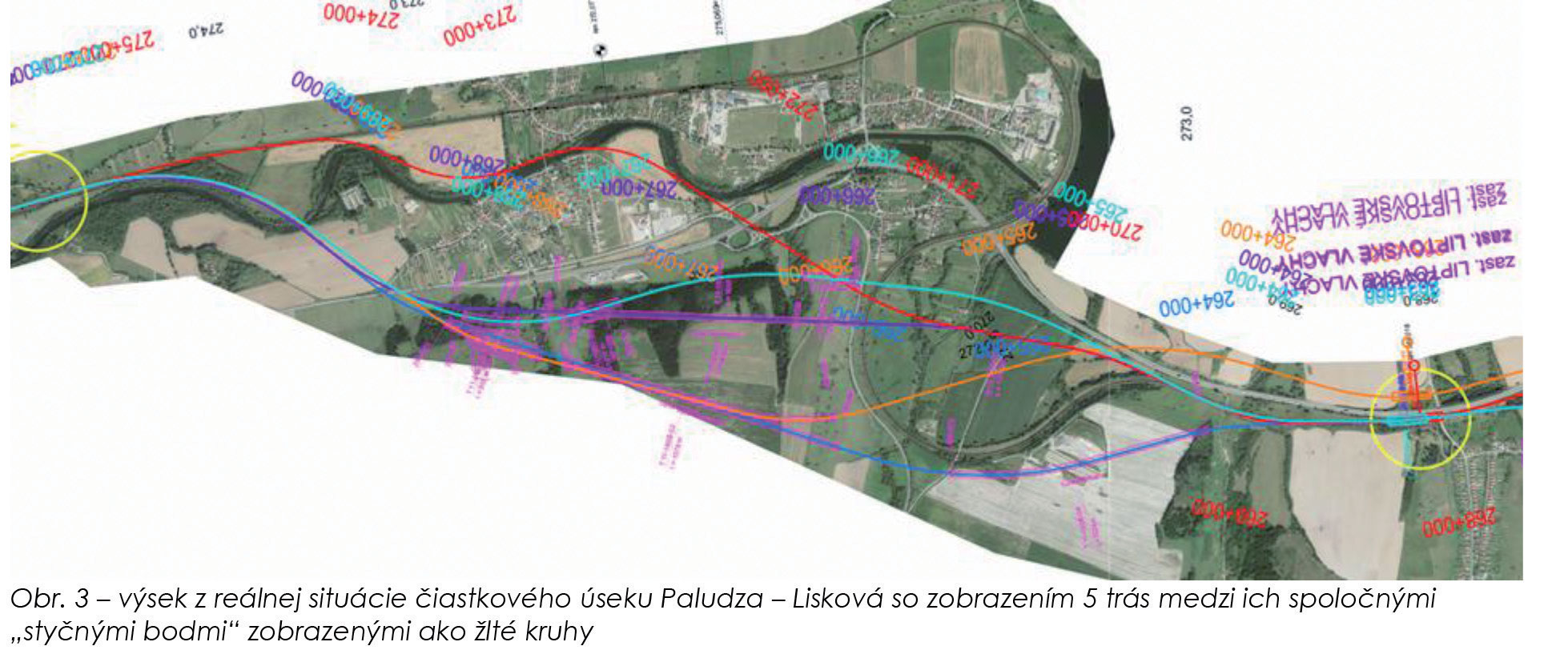 Obr. 3 Výsek z reálnej situácie čiastkového úseku Paludza – Lisková so zobrazením piatich trás medzi ich spoločnými „styčnými bodmi“ zobrazenými ako žlté kruhy