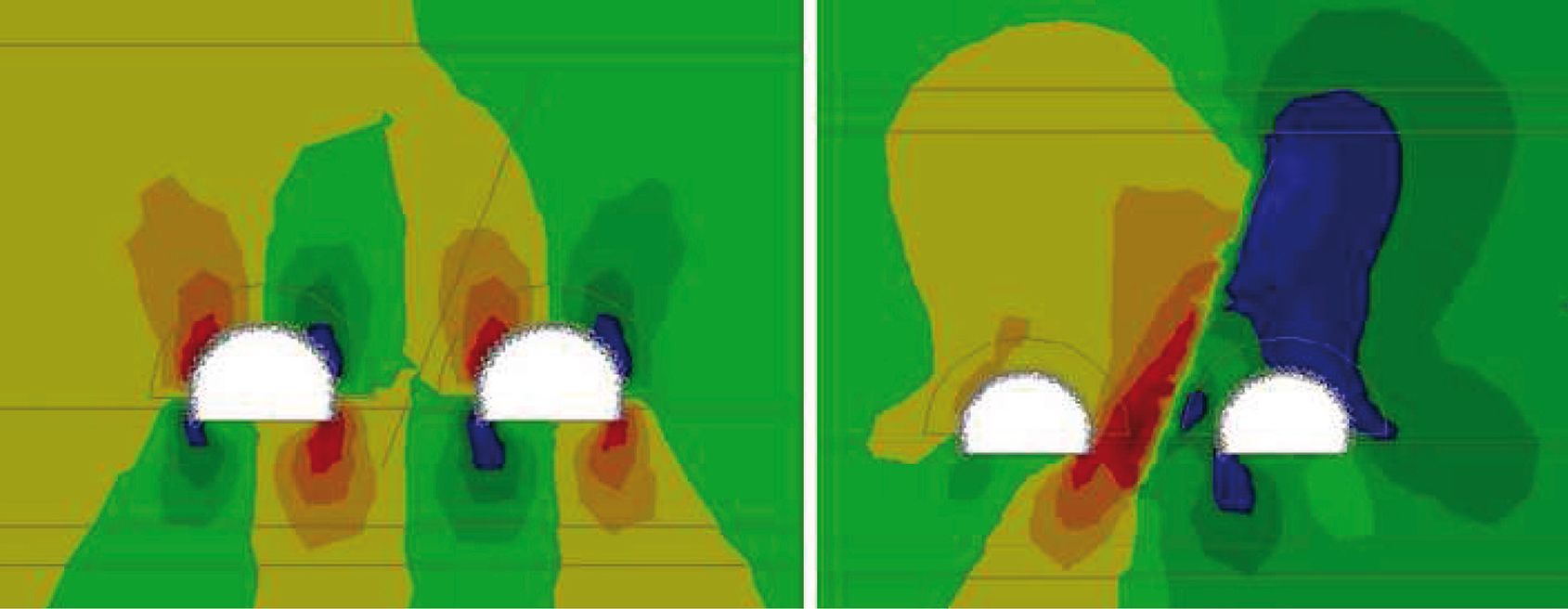 Obr. 9 Vyčerpanie šmykovej pevnosti v okolí tunela (vľavo s vplyvom trhliny, vpravo bez vplyvu trhliny)