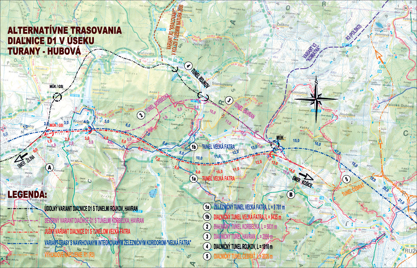 Obr. 2  Alternatívne trasovania diaľnice D1 v úseku Turany – Hubová