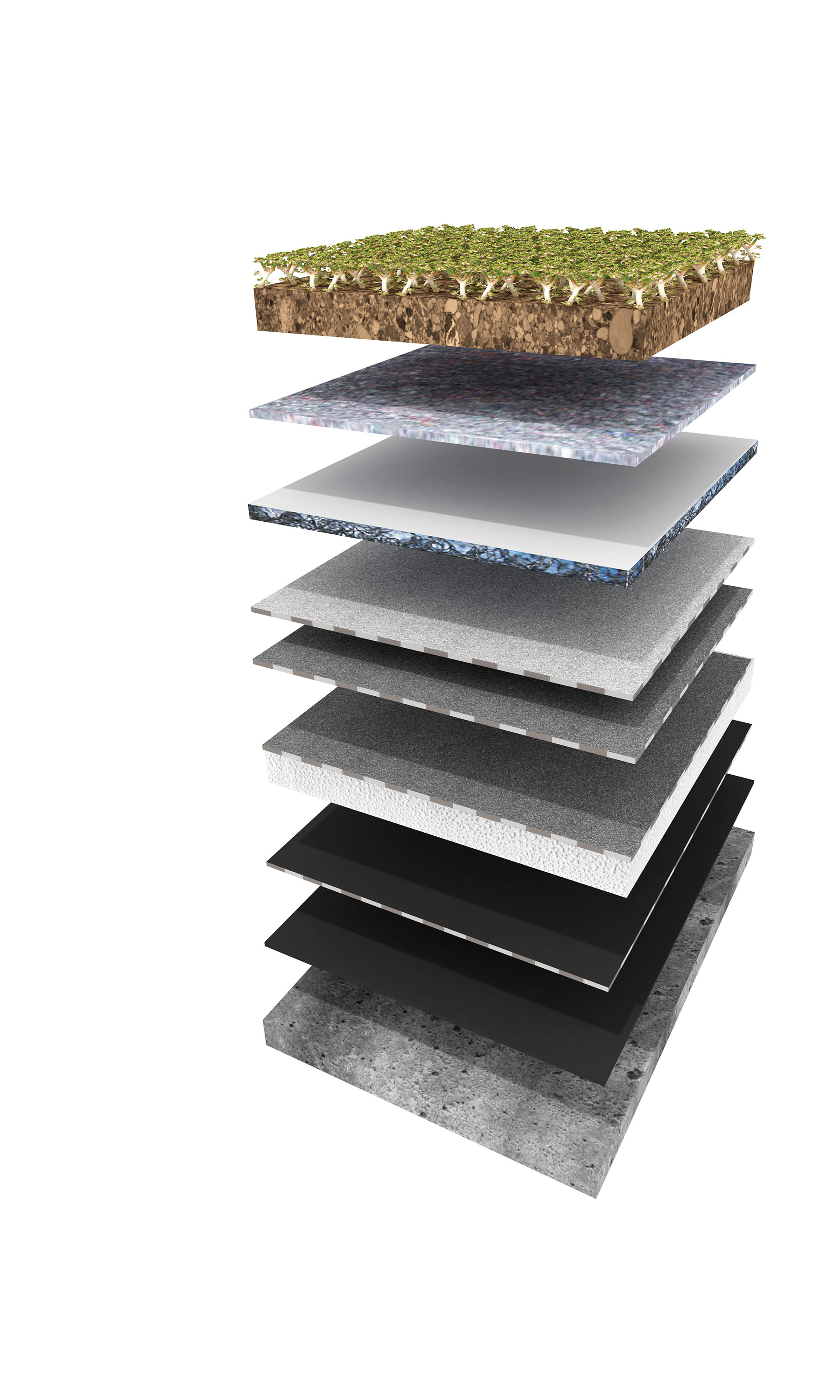 Skladba strešného plášťa Urbanscape s parozábranou (foto: Kanuf Insulation): 1 – vegetačná vrstva z rozličných druhov rozchodníka 2 – substrát z minerálnej vlny 3 – odvodňovací systém Urbanscape 4 – koreňová membrána 5 – hydroizolácia 6 – tepelná izolácia z minerálnej vlny 7 – parozábrana 8 – nosná konštrukcia strechy