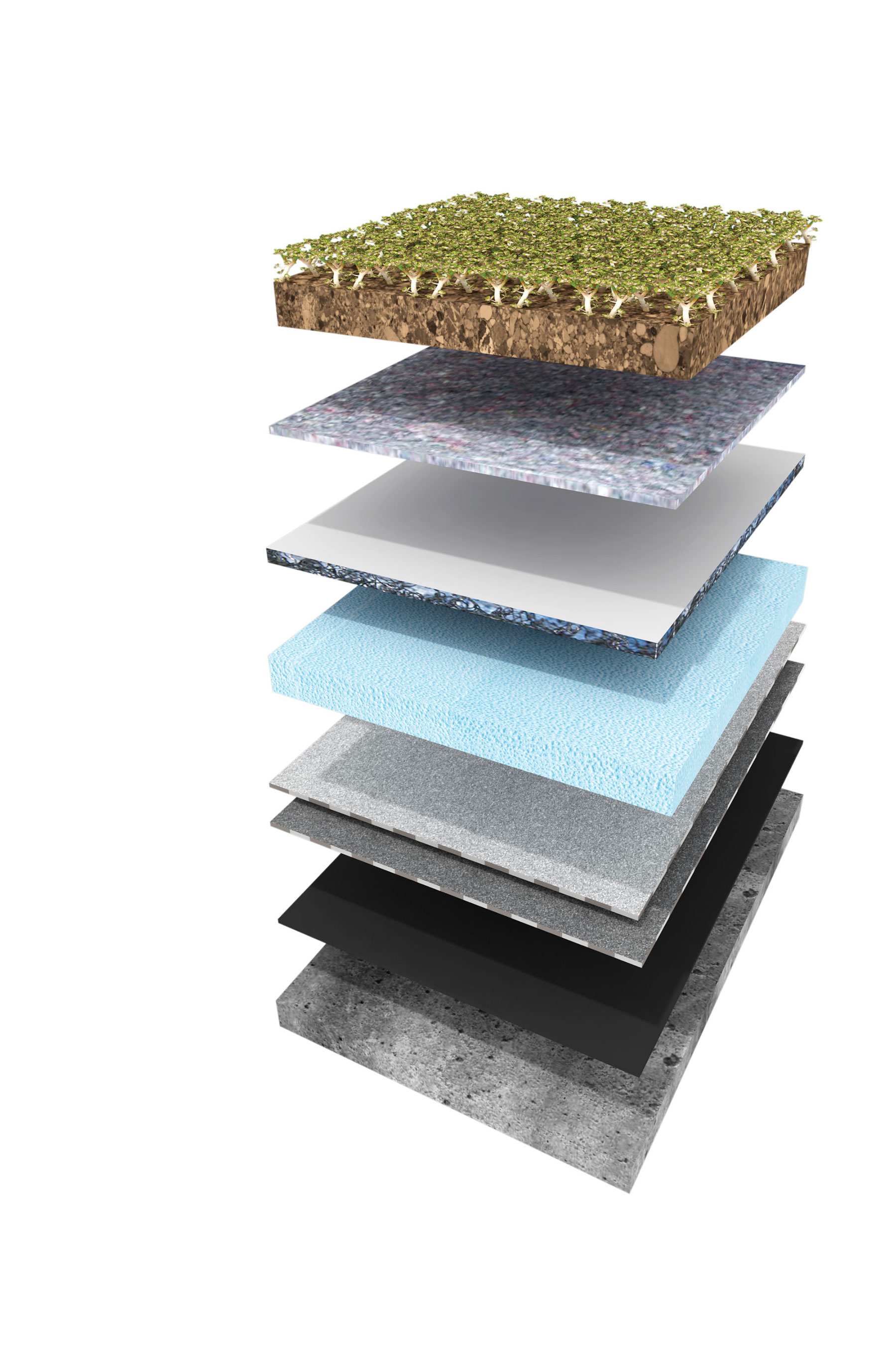 Skladba strešného plášťa Zelená strecha Icopal s obráteným poradím vrstiev 1 – hotová vegetačná vrstva Icomat Green 317 (sklon strechy do 6°)* 2 – retenčno-mikrodrenážna vrstva – 7x Icomat 140 3 – drenážna vrstva Icodren 10 Speed Drainage® SBS (pri plochých strechách) 4 – tepelná izolácia lepená na podklad asfaltovým lepidlom Siplast Glue® Speed SBS 5 – penetračný náter Siplast Primer® Speed SBS, podkladový asfaltovaný pás modifikovaný SBS kaučukom Elastobit GG 40, vrchný asfaltovaný pás modifikovaný SBS kaučukom s funkciou ochrany proti prerastaniu koreňov rastlín Graviflex 5,2 Green Roof alebo Graviflex 4,2 Green Roof 6 – nosná konštrukcia * Pri strechách so sklonom väčším ako 6° závisí druh vegetačnej rohože od sklonu a tvaru strechy a vyžaduje si konzultáciu so zástupcom firmy Icopal.