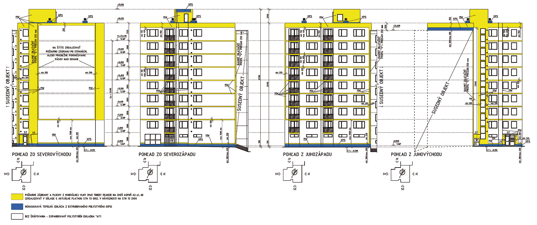 Modelový bytový dom 1 Bytový dom postavený v stavebnej sústave P1.14, rohový, 8 poschodí, 1 vchod. Plocha zateplenia obvodového plášťa: 1 501 m2. Hrúbka izolácie EPS, MW, požiarne zábrany (PZ) z MW: 160 mm.