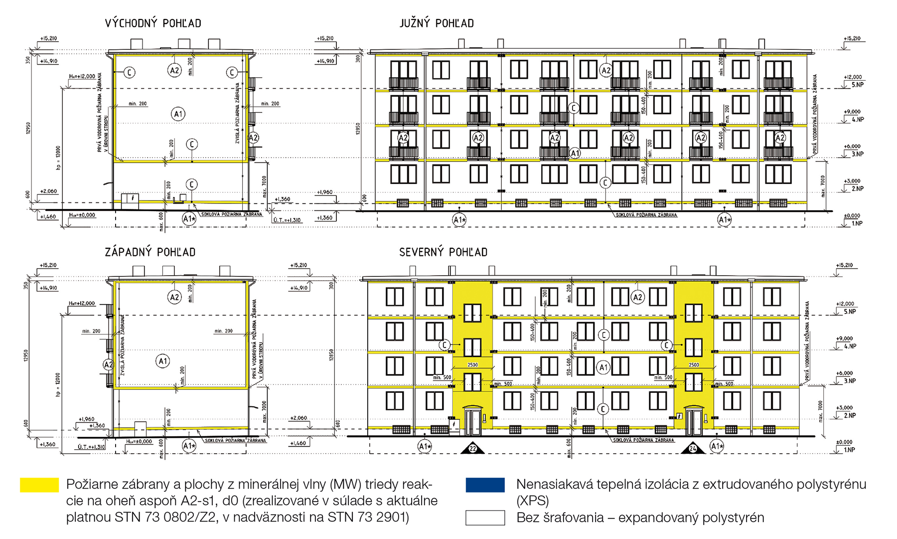 Modelový bytový dom 2 Bytový dom postavený v stavebnej sústave T 03 B, 4 poschodia, 2 vchody. Plocha zateplenia obvodového plášťa: 1 220 m2. Hrúbka izolácie EPS, MW, požiarne zábrany (PZ) z MW: 180 mm.
