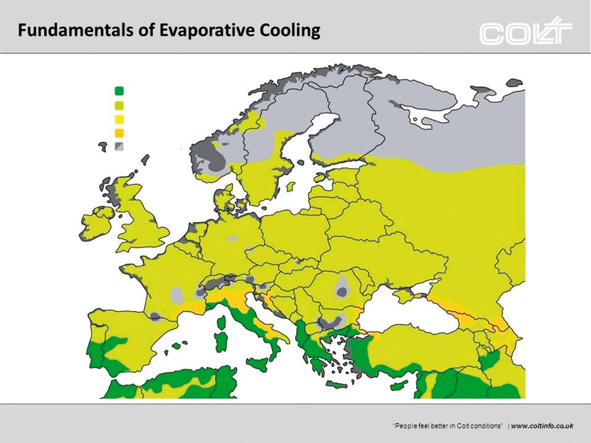 Obr. 1 Prehľadná mapa vhodnosti inštalácie adiabatického chladenia na území Európy (zdroj: Colt International, s. r. o.)