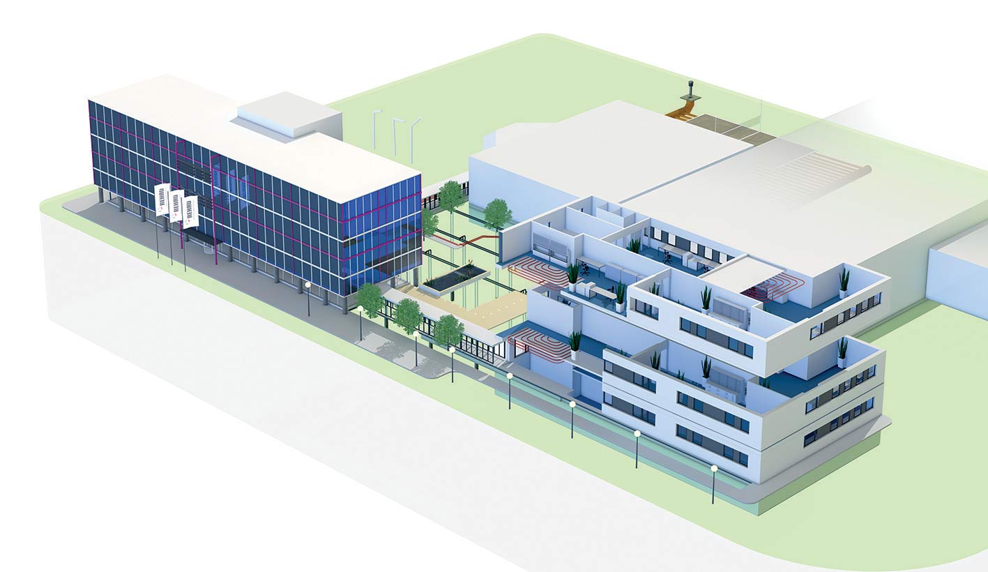 Schéma komplexu budov a technologických zariadení A – Budova Pepsin, B – Budova Phosgen/Alloxan, C – Sklad, D – Medzinárodná AKADÉMIA, E – Energetický park, F – Energetický park, G – Inštalácia, H – Výstava fotografií, I – Showroom Technika budov 01 – Zemný tepelný výmenník vzduchu AWADUKT Thermo, 02 – Hlbinné a Helix sondy RAUGEO, 03 – Šachta rozdeľovača a vykurovanie vonkajších plôch, 04 – Potrubie diaľkového zásobovania teplom INSULPEX, 05 – Solárne zariadenie na streche REHAU SOLECT, 06 – Terasový systém RELAZZO, 07 – Potrubie miestneho zásobovania teplom RAUVITHERM, 08 – Posuvno-zdvíhacie dvere GENEO, 09 – Okná z okenného profilu GENEO*, 10 – Povrchové materiály RAUVISIO*, 11 – Akustické chladiace stropy*, 12 – Akustické skriňové rolety RAUVOLET acoustic-line*, 13 – Plošné vykurovanie/chladenie*, 14 – Domové rozvody RAUTITAN*, 15 – Tepelné čerpadlo GEO zem – voda, 16 – Nábytkové hrany RAUKANTEX designo* * sú zabudované vo všetkých podlažiach budovy