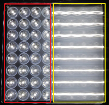 Obr. 3 Jasová analýza LED svietidla bez difúzora (vľavo) a s difúzorom [4]