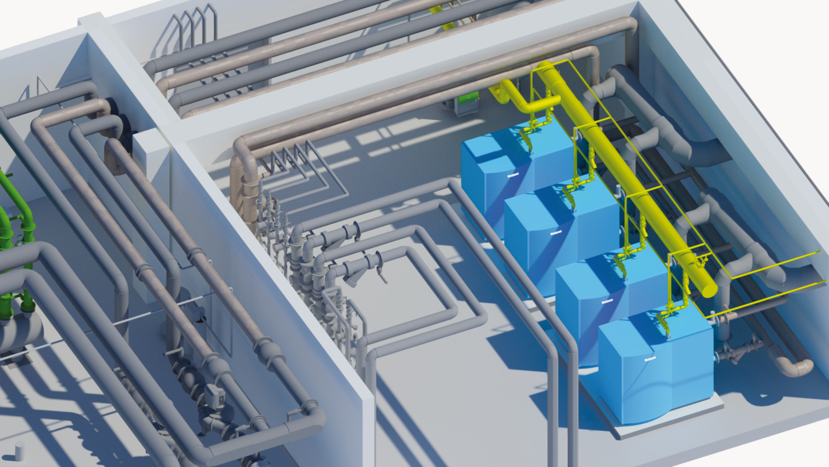 Obr. 4 Model strojovne, BIM model vs realizácia (zdroj: Klima – Teplo designing, s. r. o.)