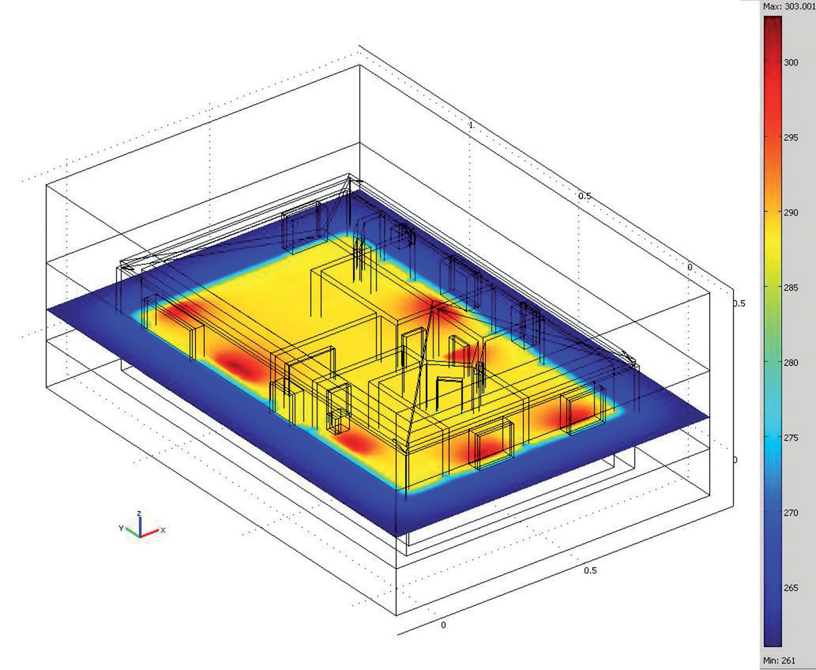 Obr. 2  Zobrazenie optimálneho priebehu vykurovania (režim Slice Plot v rámci sledovania teploty – Predefined quantities: Temperature) vo výške 1 m nad podlahou. Výsledok simulácie (s.p. Comsol)