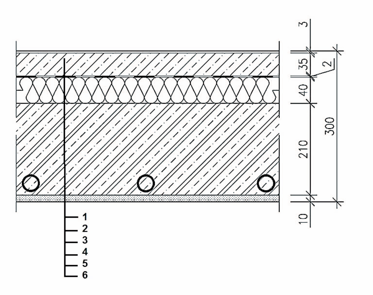 Obr. 4 Skladba stropného vykurovacieho systému typu Crittall [7] 1 – PVC + lepidlo 3 mm, 2 – betónový poter 35 mm, 3 – lepenka A 500 H, 4 – tepelná a zvuková izolácia 40 mm, 5 – železobetónová doska 210 mm, 6 – MVC 10 mm