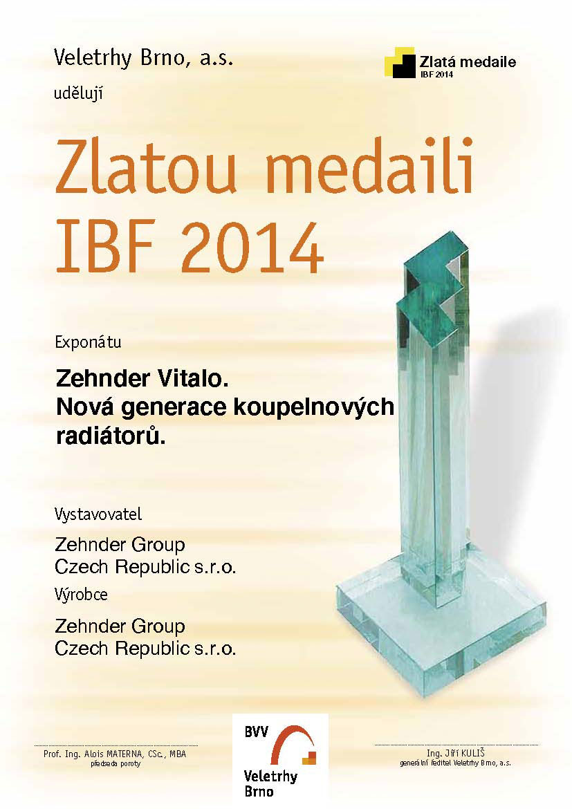 IBF 2014 diplom zlata medaile Zehnder Vitalo